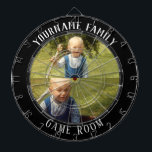 Family Name Two Photo Game Room Dart Board<br><div class="desc">Colored background with custom name and two photo option in the center of the board. Other colors available in the shop.</div>