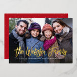 Family name two photo red Christmas Foil Holiday Card<br><div class="desc">Your family name or custom message in chic gold foil will make your holiday card stand out. This unique design features a signature script in foil on a single photo with room below for names, year or any custom message. The back is a festive holiday red speckled with a white...</div>