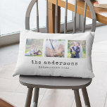 Family Name Typewriter Custom Photo Collage Lumbar Pillow<br><div class="desc">Pillow with 3 square photos arranged side by side on the front and back side making it 6 photos in total that you can replace with you own photos against a white background. You can also add your family name in a stylish typewriter font and the year established. Perfect for...</div>