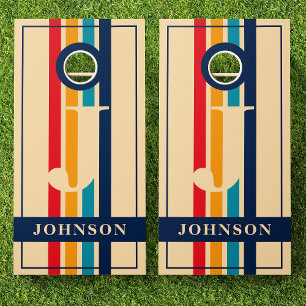 Family Name Vintage Rainbow Retro Stripes Monogram Cornhole Set