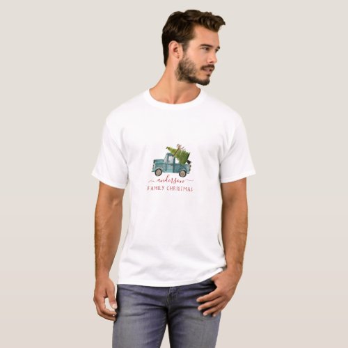 Family Name  Watercolor Blue Truck Christmas T_Shirt