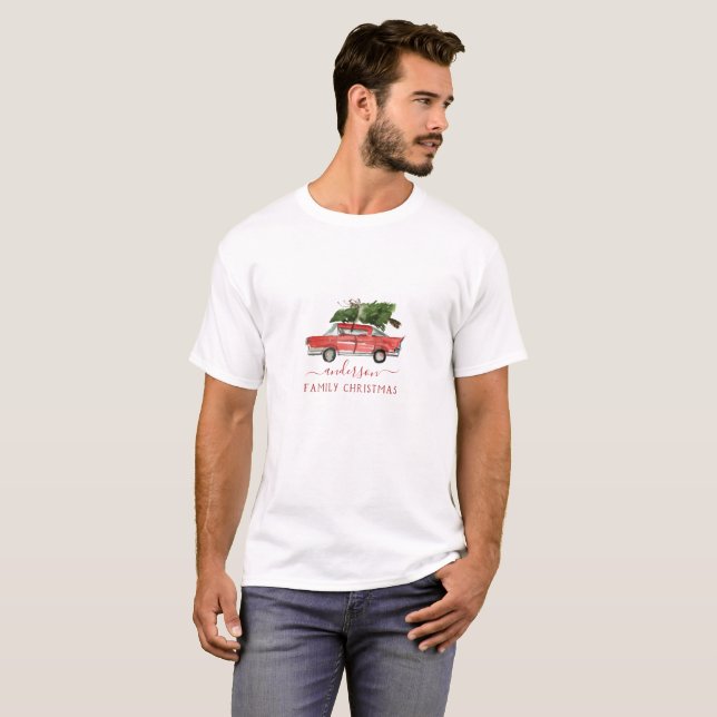 Family Name | Watercolor Red Car Christmas T-Shirt (Front Full)