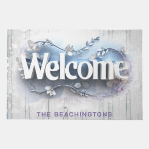 *~* Family Name WELCOME AP80 Rustic Blue Flowers Doormat