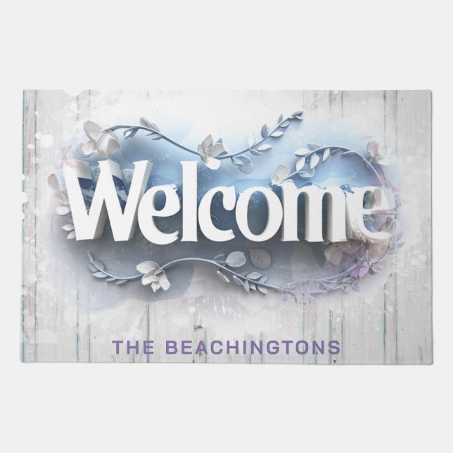 *~* Family Name WELCOME  AP80 Rustic Blue Flowers Doormat (Front)