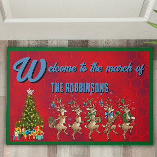 Family Name Whimsical Funny Marching Reindeer  Doormat