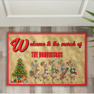 Family Name Whimsical Funny Marching Reindeer Doormat