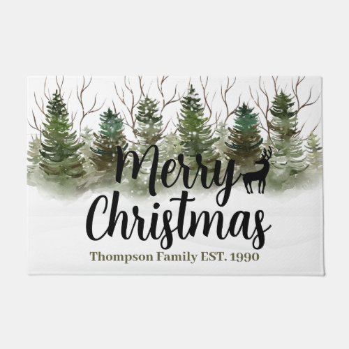 Family name white snow and pine tree cute reindeer doormat