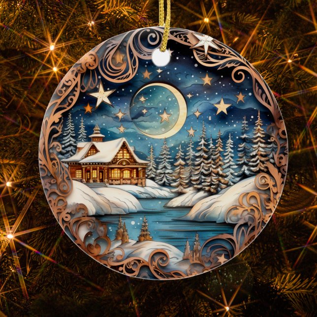 Family Name Winter Cabin Forest Personalized  Ceramic Ornament (Creator Uploaded)