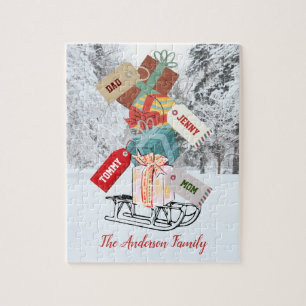Family Name Winter Sled Rustic Vintage Christmas Jigsaw Puzzle