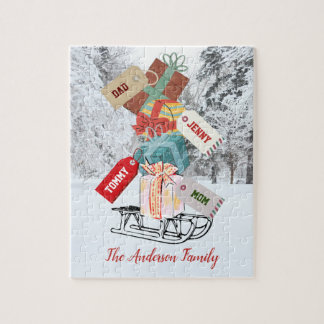 Family Name Winter Sled Rustic Vintage Christmas Jigsaw Puzzle