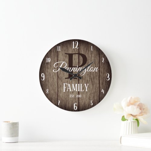 Family Name with Monogram Rustic Wood Texture Large Clock