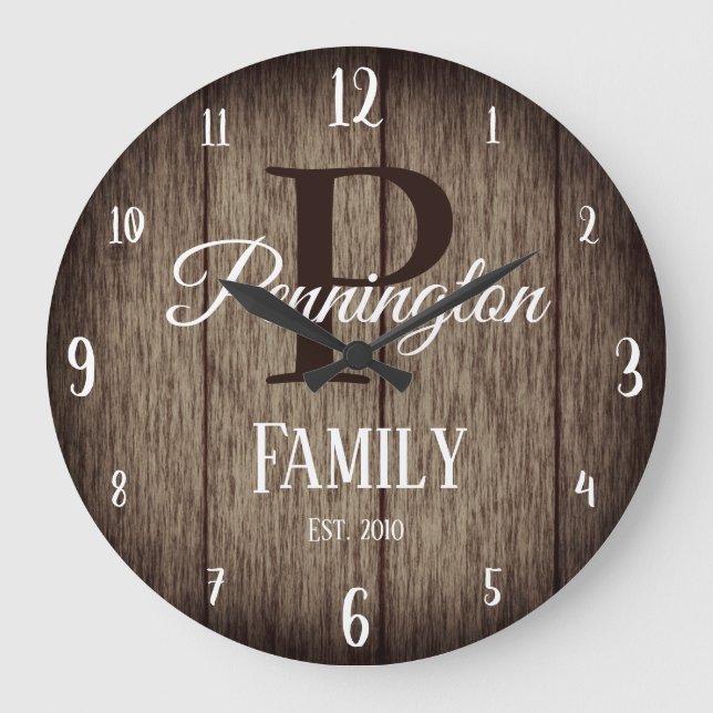 Family Name with Monogram Rustic Wood Texture Large Clock (Front)