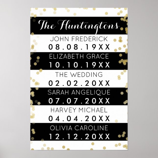 Family Names & Dates Black Stripes & Gold Confetti Poster (Front)