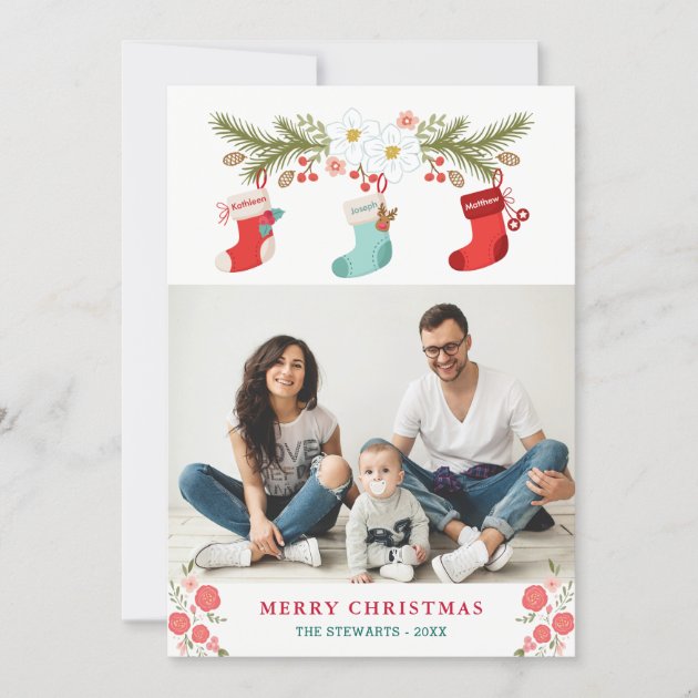 Family Names On Christmas Stockings With Photo Holiday Card