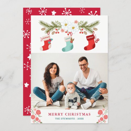 Family Names on Christmas Stockings with Photo Holiday Card