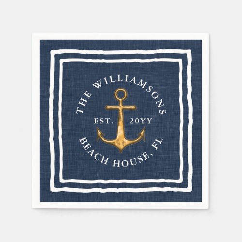 Family Nautical Navy Blue White Faux Gold Anchor Napkins