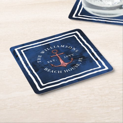 Family Nautical Navy Blue White Rose Gold Anchor Square Paper Coaster