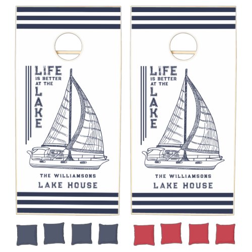 Family Navy Blue White Life is Better at the Lake Cornhole Set