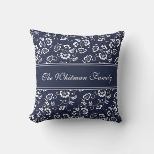 Family Navy White Floral Pattern Throw Pillow