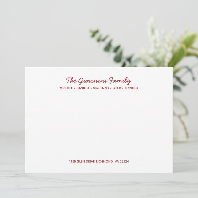 FAMILY NOTECARDS Cursive Name Address RED (Standing Front)