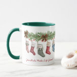 Family of 11 | Grandkids | Workplace | Stockings Mug<br><div class="desc">This mug features 11 Christmas stockings hanging below a festive holiday swag. You can personalize the stockings with 11 different names. Perfect for a large family,  or a family with lots of pets or for a grandparent with lots of grandkids.</div>