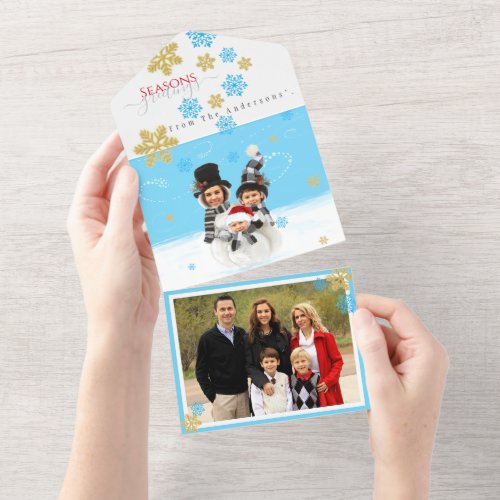 Family of 3 add your face to a snowman Xmas card