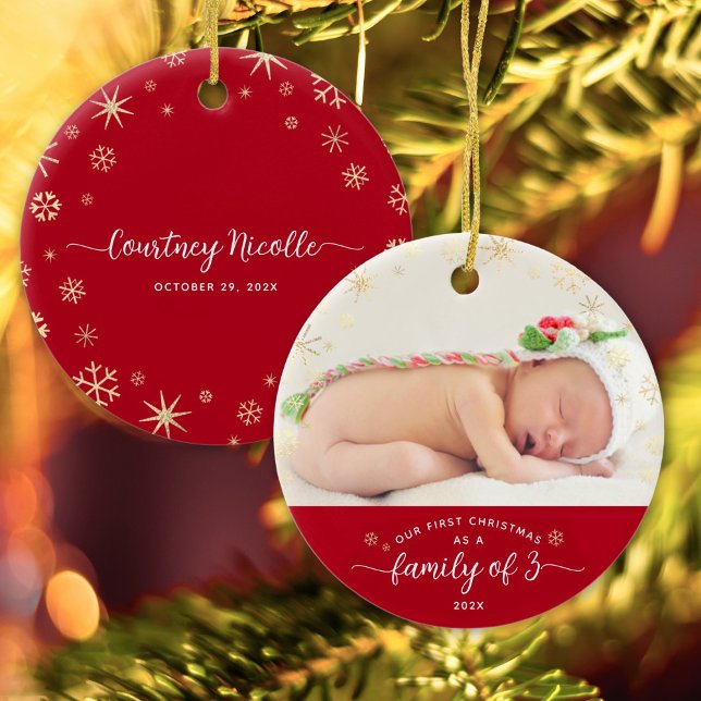 Family of 3 Baby First Christmas Snowflake Photo Ceramic Ornament (Creator Uploaded)