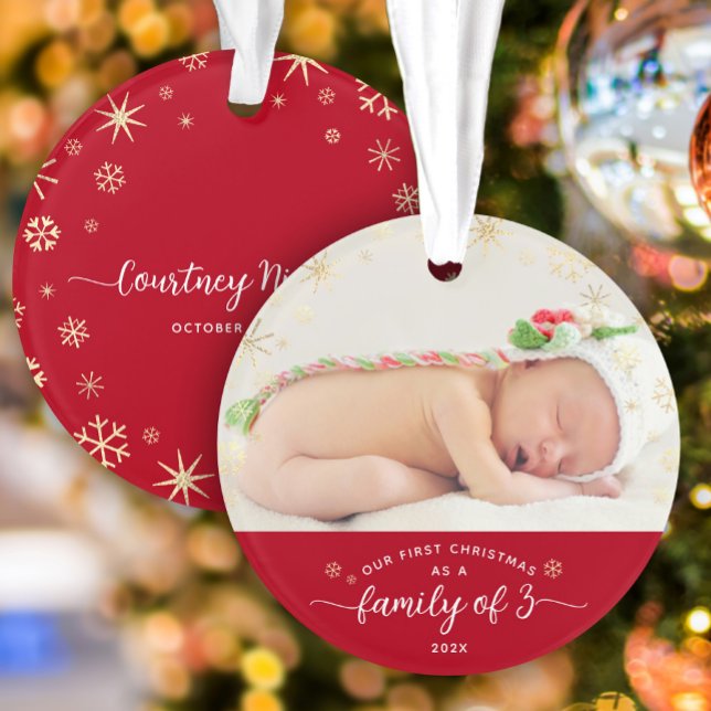 Family of 3 Baby First Christmas Snowflake Photo Ornament (Creator Uploaded)