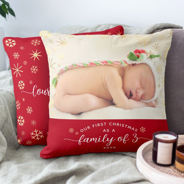 Family of 3 Baby First Christmas Snowflake Photo Throw Pillow (Creator Uploaded)