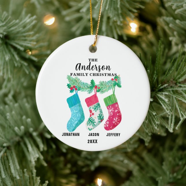 Family of 3 Christmas Stocking Personalized  Ceramic Ornament (Tree)