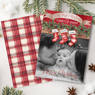Family of 3 Christmas Stockings Photo Baby First Holiday Card