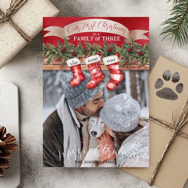 Family of 3 Christmas Stockings Photo Dog Mom Dad Holiday Card (Our First Christmas as a Family of Three Dog Pet Mom & Dad New Puppy Christmas Card stocking names)