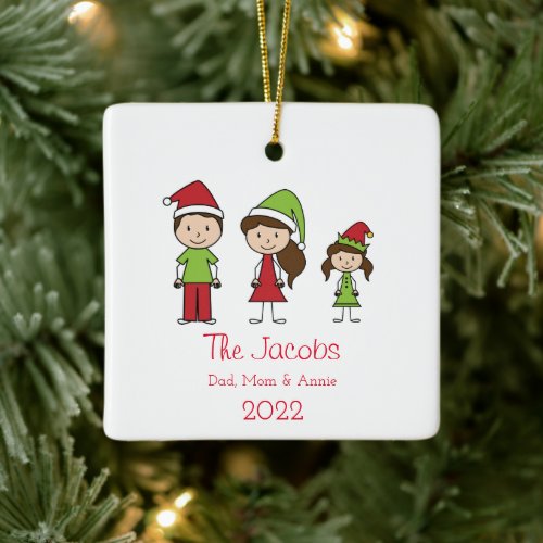 Family of 3 Cute Personalized Christmas Ceramic Ornament