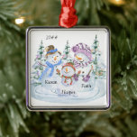 Family of 3 Cute Snowman Personalized Christmas Metal Ornament<br><div class="desc">Cute personalized christmas ornament for a family of 3. The design features a happy trio of snowmen surrounded by christmas trees and you can personalize it with the year and your names.</div>