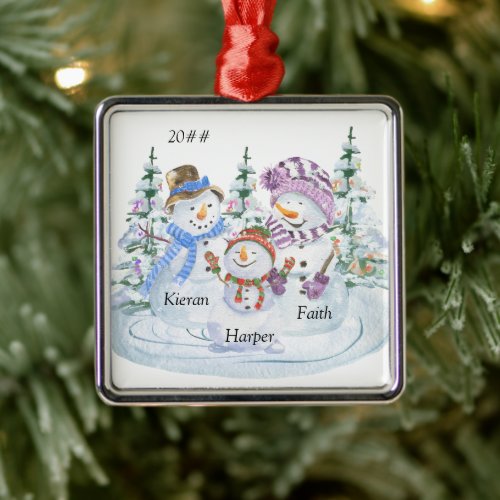 Family of 3 Cute Snowman Personalized Christmas Metal Ornament