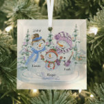 Family of 3 Names Cute Christmas Snowman Glass Ornament<br><div class="desc">Cute personalized christmas ornament for a family of 3. The design features a happy trio of snowmen surrounded by christmas trees and you can personalize it with the year and your names.</div>