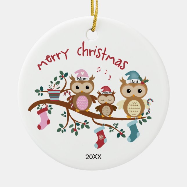 Family of 3 Owl Family Christmas Ceramic Ornament (Front)