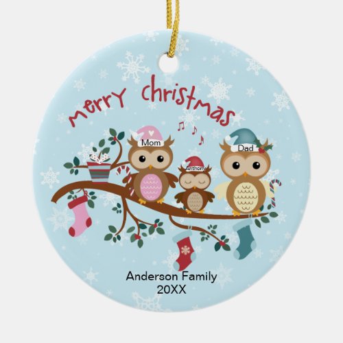 Family of 3 Owl Family Christmas Ceramic Ornament