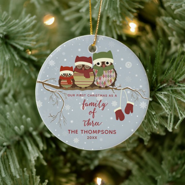 Family of 3 Personalized Cute Woodland Owls Ceramic Ornament (Tree)