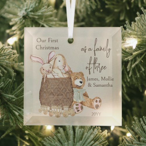 Family of 3 Pregnant Teddy Bear and Toy Basket Glass Ornament