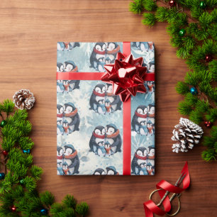 Family of 4 Christmas Penguins Watercolor Illustra Wrapping Paper