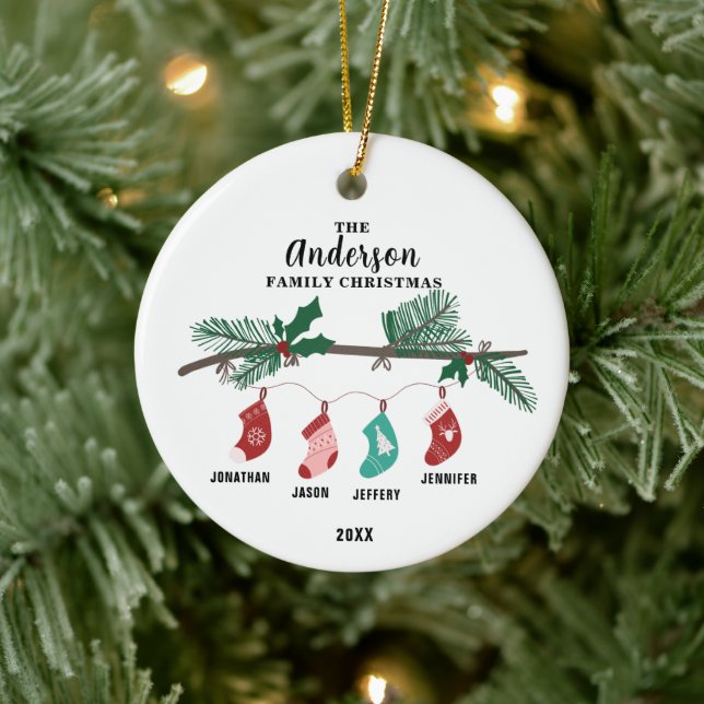 Family of 4 Christmas Stocking Personalized  Ceramic Ornament (Tree)