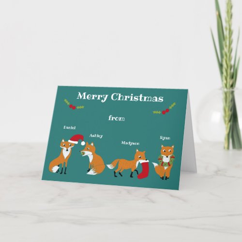 Family of 4 Festive Foxes Personalized Christmas Holiday Card