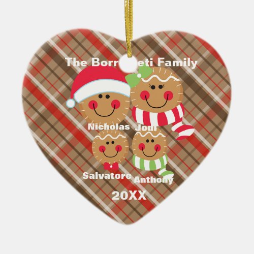 Family of 4 Gingerbread Faces Christmas Ornament