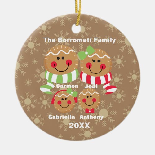 Family of 4 Gingerbread Faces Christmas Ornament