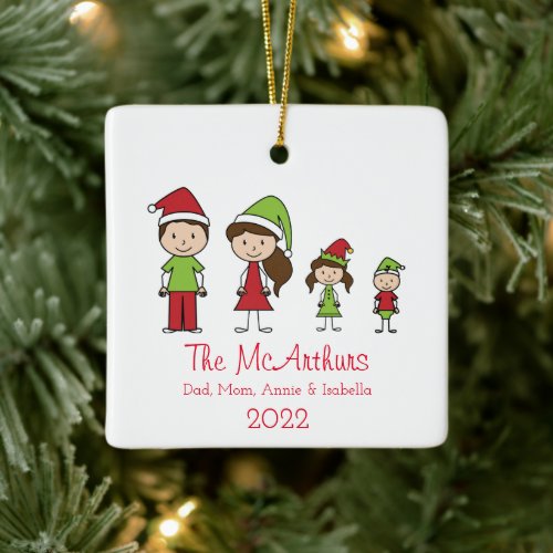 Family of 4 Name and Year Personalized Christmas Ceramic Ornament