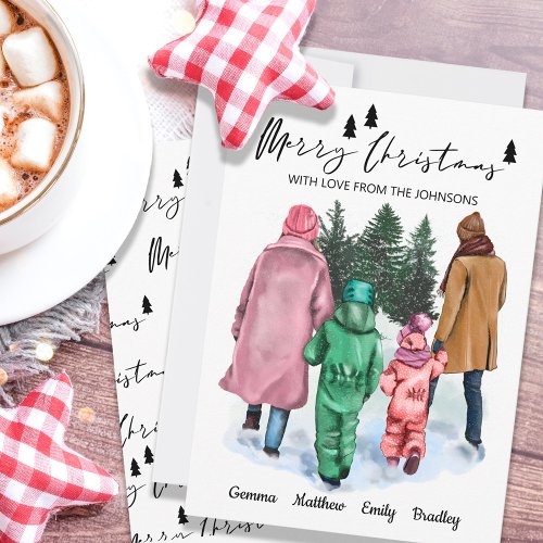 Family of 4 Names and Watercolor Illustration Holiday Card
