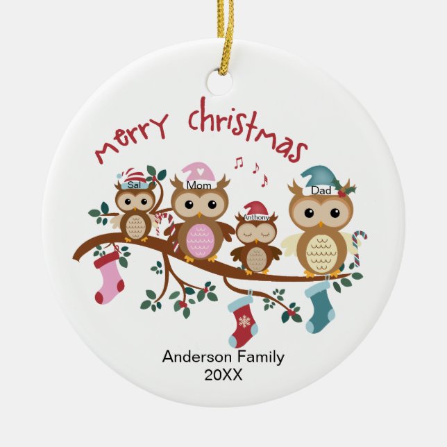 Family of 4  Owl Family Christmas Ceramic Ornament (Front)