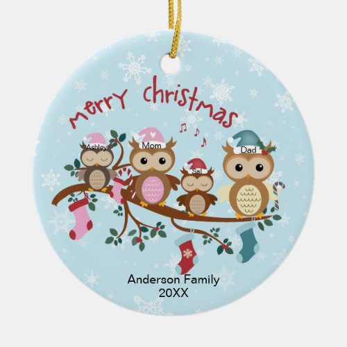 Family of 4 Owl Family Christmas Ceramic Ornament