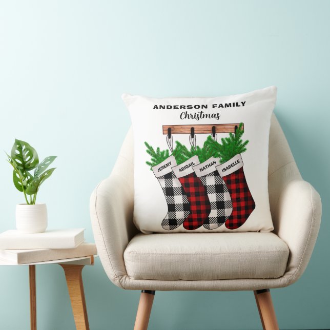 Family of 4 Personalized Plaid Christmas Stockings Throw Pillow (Chair)